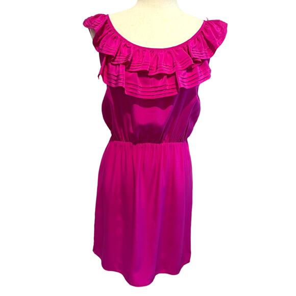 Amanda Uprichard Ruffle Neck Mini Dress 100% Silk Hot Barbie Pink Size Small - Picture 1 of 6